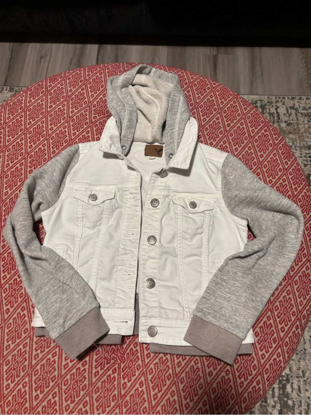 American Eagle Outfitters White Denim Jacket with Gray Knit Sleeves and Hood